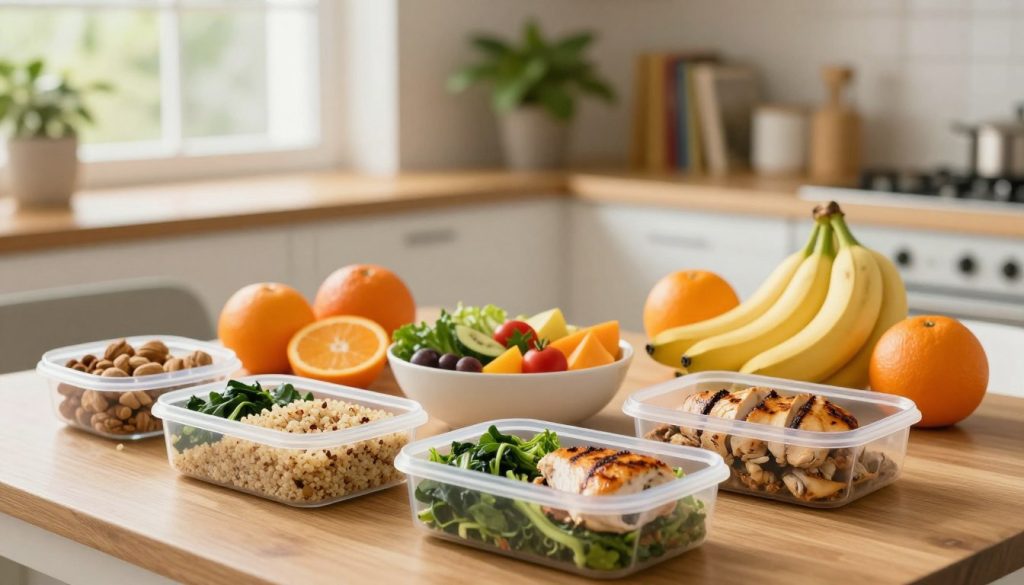 A beautifully arranged table featuring a variety of nutritious foods symbolizing optimal energy strategies: vibrant fruits like oranges and bananas, assorted nuts, and colorful vegetables in a bowl. In the foreground, visually appealing meal prep containers display balanced portions of quinoa, leafy greens, and grilled chicken, expertly arranged for meal planning. The middle ground shows a light-filled kitchen setting with a cozy atmosphere, featuring greenery and soft wooden accents. Bathe the scene in warm, natural lighting that evokes a sense of health and vitality. A shallow depth of field focuses on the table, while a blurred background hints at a sunlit window and shelves lined with cookbooks, suggesting a nurturing environment for sustained energy throughout the day.