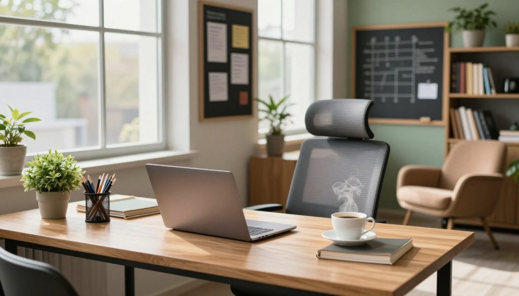 A bright and inviting modern workspace designed for optimal productivity. In the foreground, a sleek wooden desk holds a laptop, surrounded by organized stationery, a small indoor plant, and a cup of steaming coffee. The middle section features a comfortable ergonomic chair with a neatly arranged file organizer. Behind the desk, large windows allow natural light to flood the room, illuminating a chalkboard wall filled with notes and progress charts. The background includes a cozy reading nook with a plush chair and a bookshelf filled with industry-related books. Soft green accents throughout the space convey a refreshing atmosphere. The lighting is warm and natural, creating a motivating and focused ambiance ideal for ongoing work and improvement.