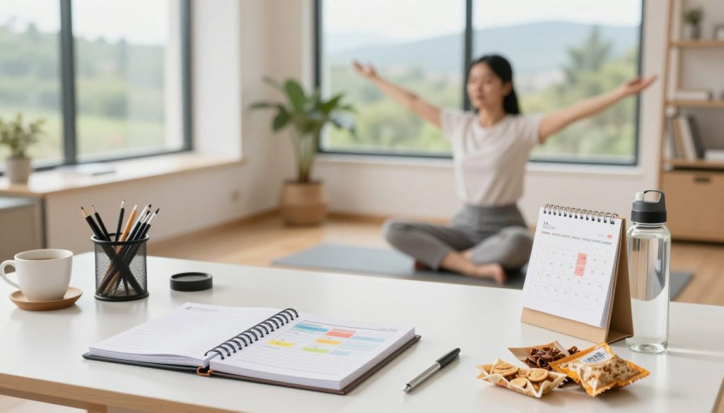 A bright, serene workspace is depicted in the foreground, featuring a well-organized desk with an assortment of energy management tools: a planner, a calendar with color-coded events, healthy snacks, and a water bottle. In the middle ground, a professional woman in modest, casual attire is engaged in mindfulness techniques, like stretching or meditating, emphasizing the balance of mental and physical energy. The background reveals a window showing a scenic view of nature, suggesting a connection with the outdoors and the importance of breaks for recharging. Soft, natural lighting enhances the atmosphere, creating a calm and inviting space, with a wide-angle lens that captures the entire scene. The overall mood is productive yet relaxed, illustrating effective daily energy management practices.