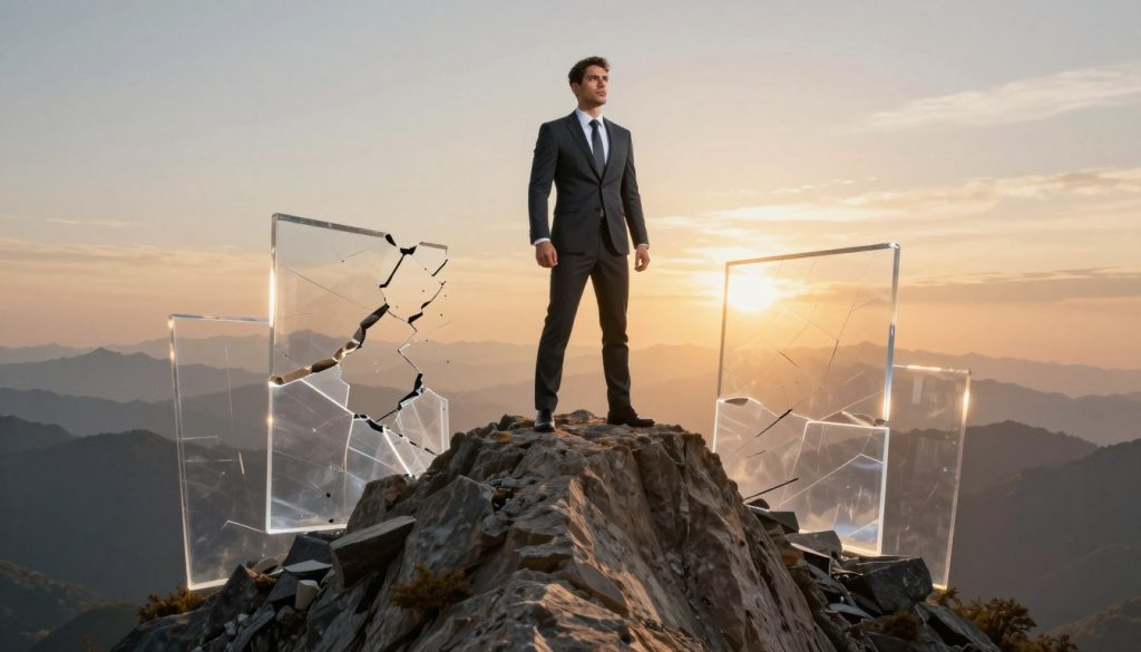 A determined professional in business attire stands confidently at the apex of a towering mountain, symbolizing peak performance. The foreground features the individual with an intense expression, embodying focus and resilience. In the middle ground, abstract mental barriers depicted as translucent, crumbling walls surround the figure, representing the struggle to break free from limitations. The background showcases a breathtaking sunrise illuminating the scene, casting warm golden light that signifies hope and new beginnings. The atmosphere is one of motivation and empowerment, with a sense of vast potential in the expansive landscape. The shot is captured from a low angle, emphasizing the subject's triumph over obstacles, creating a dynamic perspective that inspires viewers.