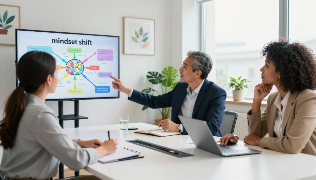 A dynamic scene illustrating a "mindset shift," featuring a diverse group of three professionals gathered around a large, modern conference table. In the foreground, a confident young woman gestures toward a vibrant mind map on a digital screen, showcasing pathways of transformation. In the middle, a middle-aged man in a crisp suit takes notes, appearing inspired, while a thoughtful woman in smart casual attire analyzes the information thoughtfully. The background exhibits a bright, airy office filled with motivational artwork and greenery, symbolizing growth and change. Soft, natural light filters through large windows, creating an inviting atmosphere. The angle is slightly elevated, providing a clear view of the collaborative energy. Overall, the mood is one of optimism and empowerment, reflecting a collective journey toward positive change.