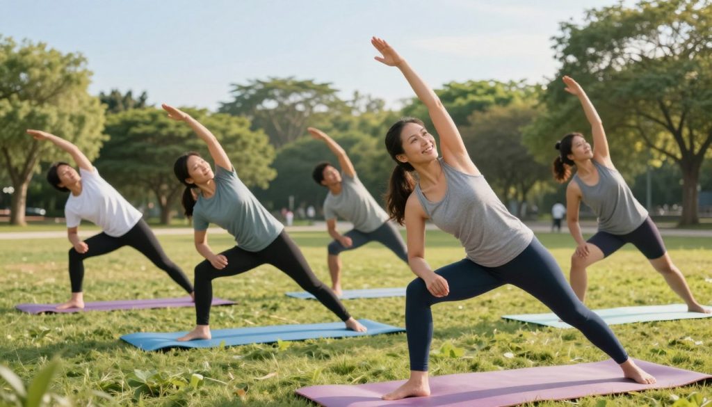 A dynamic scene showcasing a diverse group of individuals engaged in various strategic movements to boost their energy levels. In the foreground, a smiling woman in professional activewear is performing an energetic stretch, embodying vitality and flexibility. In the middle ground, a diverse group of people can be seen doing yoga and pilates on colorful mats, emphasizing unity and collaboration. The background features a bright, open park with lush greenery and a clear blue sky, enhancing the feeling of freshness and inspiration. Soft morning light bathes the scene, casting gentle shadows and creating a warm, uplifting atmosphere. The composition should evoke a sense of motivation and energy, perfect for illustrating the concept of activating personal energy through movement.