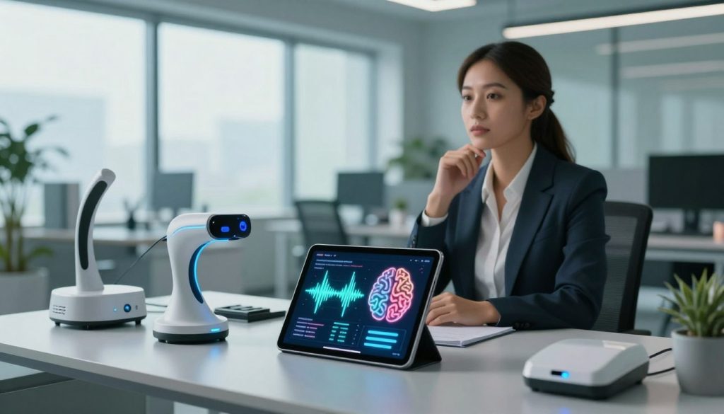 A futuristic workspace featuring various neural reprogramming tools designed to enhance self-belief and boost confidence. In the foreground, a sleek digital tablet displays colorful brainwave patterns and self-affirmation prompts, alongside a set of high-tech neural stimulation devices resembling ergonomic, abstract sculptures. In the middle ground, a professional woman in business attire observes the tools with a thoughtful expression, symbolizing empowerment and introspection. The background features a softly illuminated, modern office space with large windows, allowing natural light to flood in, creating an uplifting atmosphere. The color scheme is calming, with soft blues and greens, suggesting tranquility and focus. Aim for a cinematic angle that conveys depth and inspires curiosity about self-development methods.