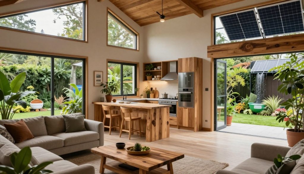 A modern energy-efficient home interior, featuring large windows that allow natural light to flood the space, creating a warm and inviting atmosphere. In the foreground, a cozy living area with sustainable furniture made from reclaimed wood, complemented by indoor plants that enhance air quality. The middle ground showcases an open kitchen with energy star appliances and solar panels integrated into the design. Soft, diffused lighting emphasizes the eco-friendly decor, creating a serene mood. In the background, a lush garden visible through the windows showcases native plants and a rainwater harvesting system. The perspective is slightly elevated, giving a comprehensive view of the harmonious blend of nature and technology in this environmentally conscious home.