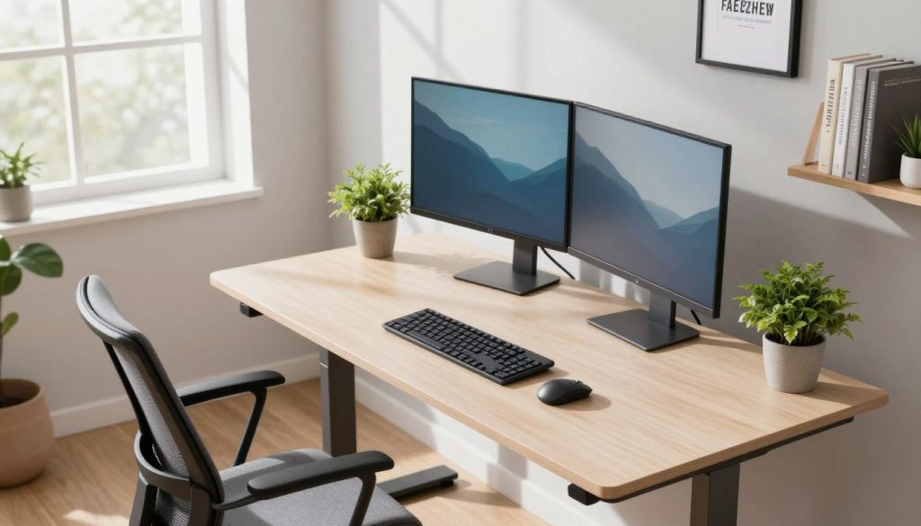A modern ergonomic workstation setup, showcasing a well-organized desk with an adjustable standing desk, a comfortable office chair, and a dual monitor setup at eye level. The foreground features a sleek keyboard and mouse beside a potted plant, adding a touch of greenery. In the middle ground, natural light filters through a large window, casting soft shadows and creating an inviting atmosphere. The background displays a minimalist office decor with shelves that hold books and motivational art. The scene is photographed from a slightly elevated angle, emphasizing the practicality and style of the workspace. The mood is bright, productive, and conducive to focus, ideal for maximizing productivity.