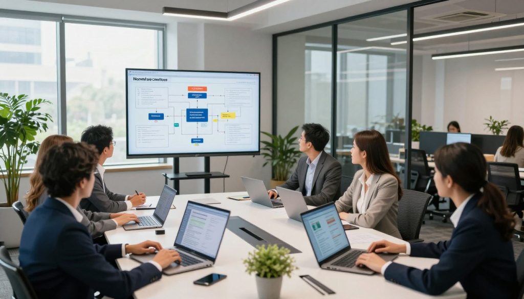 A modern office environment focused on optimizing workflow processes. In the foreground, a diverse group of professional individuals dressed in business attire collaborate around a sleek, high-tech conference table with digital devices and charts displayed. In the middle, an interactive whiteboard showcases flowcharts and strategies for streamlining operations, while a large window lets in natural light, enhancing productivity. The background features a stylish office design with glass partitions and plants for a fresh atmosphere. The lighting is bright and inviting, creating a motivational ambiance. The angle is slightly elevated, capturing the energy and teamwork in action, conveying a sense of focus and efficiency in a dynamic workspace.