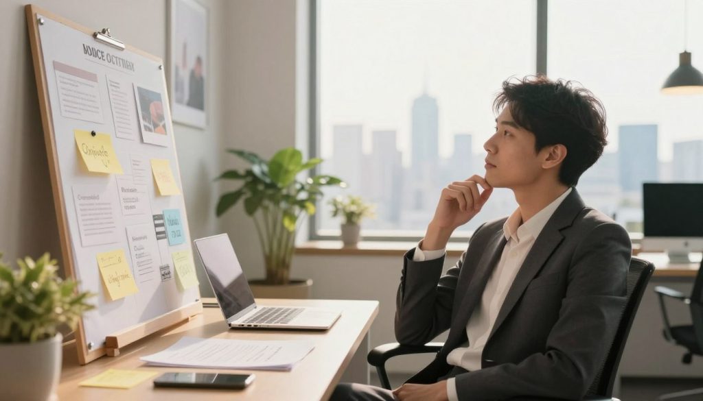 A serene and inspiring office environment showcasing a confident individual at a desk, embodying self-assurance. In the foreground, a professional person, dressed in smart business attire, sits upright with a relaxed posture, gazing thoughtfully at a vision board filled with positive affirmations and imagery of success. In the middle ground, the office features a large window letting in warm sunlight, highlighting plants and motivational artwork on the walls. In the background, the blurred silhouette of a city skyline conveys ambition and growth. The lighting is soft and warm, creating an uplifting atmosphere. The camera angle is slightly above eye level, emphasizing the individual’s posture and the vision board’s significance, invoking a sense of empowerment and clarity.