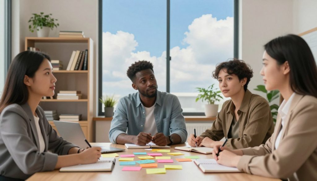 A serene and inspiring workspace scene illustrating growth mindset strategies. In the foreground, a diverse group of three professionals—one woman of Asian descent, one man of African descent, and one woman of Caucasian descent—are engaged in a dynamic brainstorming session. They are dressed in smart business casual attire, sitting around a table scattered with colorful sticky notes and notebooks, showcasing their ideas for personal development. In the middle ground, a large window reveals a bright blue sky with fluffy clouds, symbolizing limitless potential. The background features a bookshelf filled with motivational books and plants, adding a touch of nature. Soft, warm lighting enhances the inviting atmosphere, while a slight depth of field focuses on the eager expressions of the professionals, embodying optimism and dedication towards peak performance mindset.