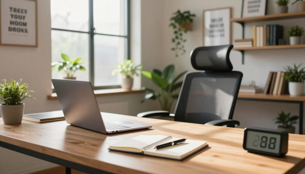 A serene and organized productivity workspace, featuring a modern desk with a sleek laptop, surrounded by green plants and motivational artwork on the walls. In the foreground, a well-lit wooden desk holds a notepad, a stylish pen, and a digital clock, emphasizing a structured environment. In the middle, a comfortable ergonomic chair invites focus, while sunlight spills through a large window, creating warm, inviting shadows. The background showcases shelves filled with neatly arranged books and inspiring quotes displayed in frames. The overall atmosphere is bright and energizing, highlighting the essence of productivity and focus in a professional setting. The lighting is soft and natural, giving a sense of calm and clarity, perfect for enhancing productivity.