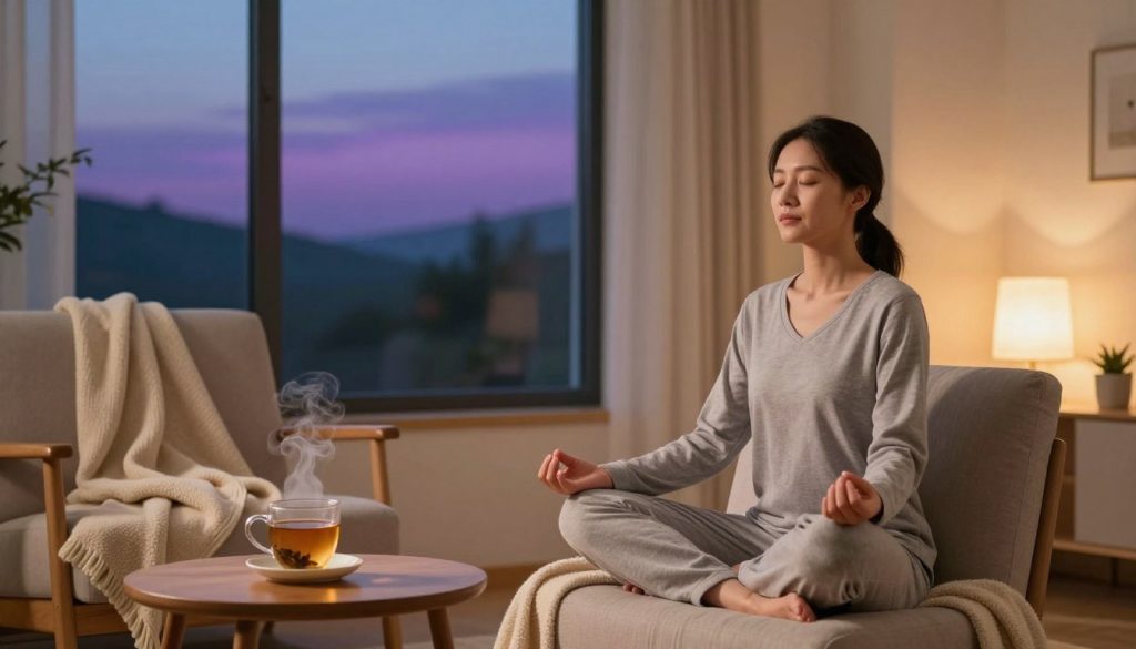 A serene evening scene depicting a peaceful energy wind-down protocol. In the foreground, a cozy living room setting with a comfortable armchair draped in a soft blanket, a steaming cup of herbal tea on a small wooden table. The middle ground features a woman in comfortable yet professional loungewear, gently meditating with her eyes closed, surrounded by warm ambient lighting from a nearby lamp. In the background, a large window showcases a twilight sky, with hints of purples and blues, as the last rays of the sun fade. Soft shadows dance across the walls, creating a calming atmosphere. The overall mood is tranquil and relaxed, evoking a sense of winding down after a busy day, promoting wellness and energy management.