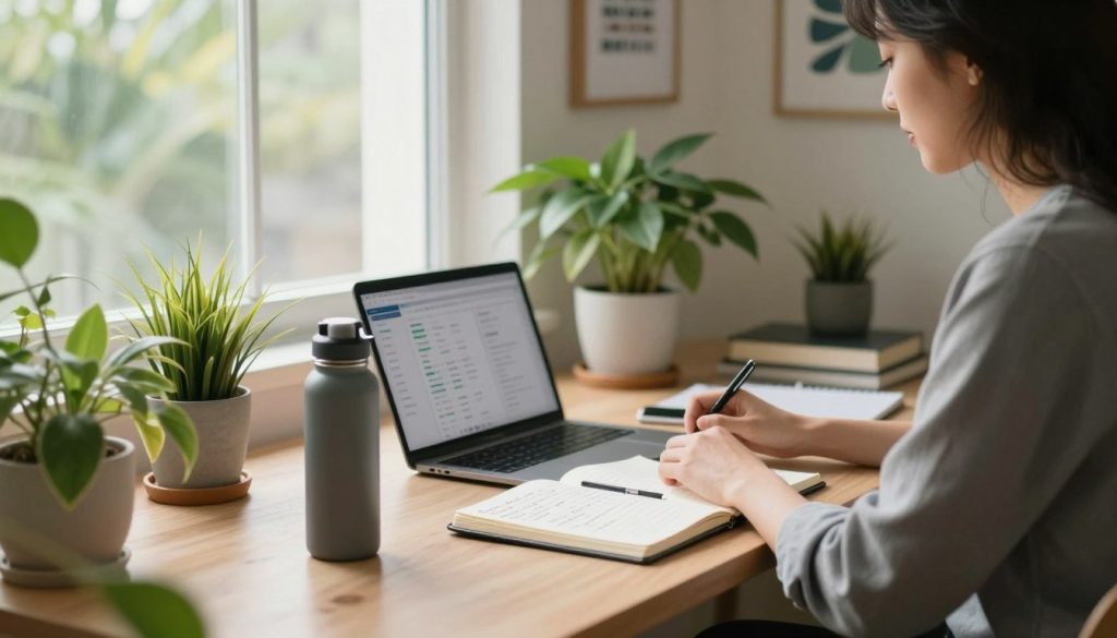 A serene home office scene depicting a person engaged in a balanced productivity routine. In the foreground, a professional wearing smart-casual attire is working at a tidy desk, surrounded by plants and natural materials. The middle ground features an open notebook filled with handwritten notes, a reusable water bottle, and a laptop displaying a productivity app. In the background, sunlight streams through a large window, illuminating the room filled with greenery, creating a warm and inviting atmosphere. The walls are adorned with motivational artwork. The image is captured with soft, diffused lighting, emphasizing a calm yet focused mood, hinting at an efficient daily habit conducive to peak performance.