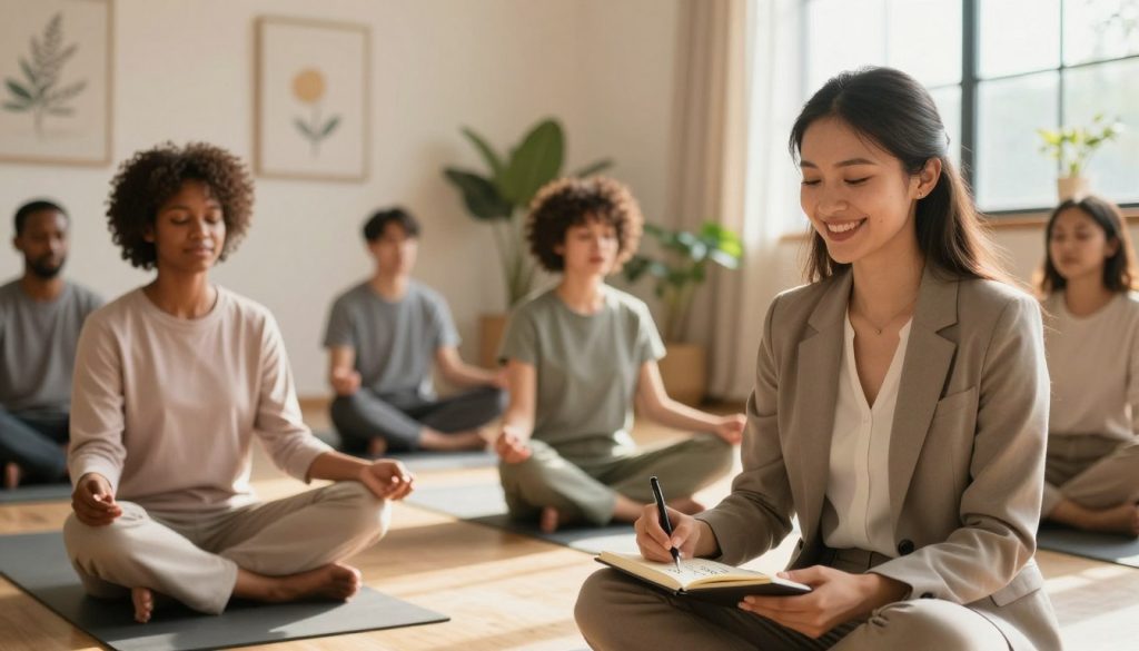 A serene indoor setting depicting a diverse group of individuals engaged in various self-esteem boosting activities. In the foreground, a woman in professional business attire is smiling as she writes affirmations in a journal. In the middle ground, a couple of people of different ethnicities are participating in a guided meditation session, sitting cross-legged on yoga mats, exuding tranquility. The background features soft, warm lighting and calming decor, such as plants and inspirational artwork on the walls, creating an inviting atmosphere. The overall mood is uplifting and positive, with gentle sunlight filtering in through large windows, casting a soft glow over the scene, emphasizing the supportive community and the essence of personal growth.