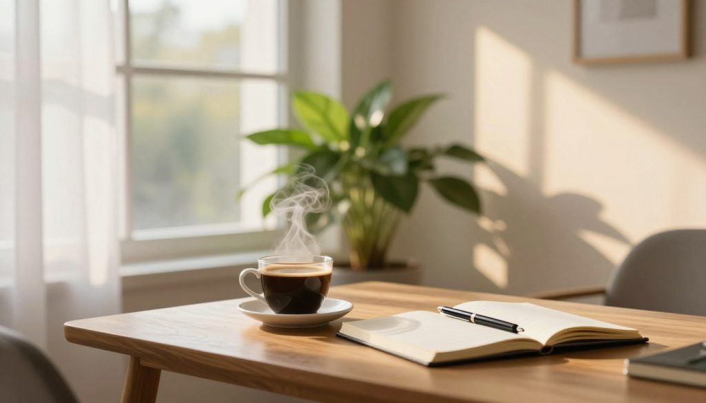 A serene morning scene bathed in soft, natural light, featuring an elegant workspace by a large window. In the foreground, a simple wooden desk holds a steaming cup of coffee and an open notebook with a pen, inviting productivity. The middle ground shows a lush green plant, symbolizing growth and vitality. In the background, golden sunlight filters through the sheer curtains, casting delicate patterns on the wall, enhancing the atmosphere of tranquility and focus. The image captures a sense of calm and energy, perfect for inspiring morning rituals that promote high performance. The overall mood should feel refreshing and inspiring, as if inviting the viewer to embrace the day ahead.