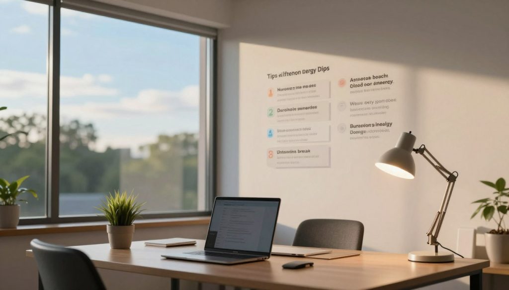 A serene office environment during the afternoon, designed to convey energy efficiency tips. In the foreground, a modern workspace features a neatly organized desk with a laptop, a potted plant, and an energy-efficient desk lamp illuminating the scene with a warm, natural light. The middle ground shows an office wall with a visual display of various tips for managing afternoon energy dips, such as hydration reminders and stretch break suggestions—a subtle, artistic representation rather than explicit text. The background is a panoramic window with soft sunlight filtering in, showcasing a bright blue sky and green trees outside, enhancing the atmosphere of tranquility and productivity. The overall mood is calm and inspiring, ideal for promoting effective energy management strategies.