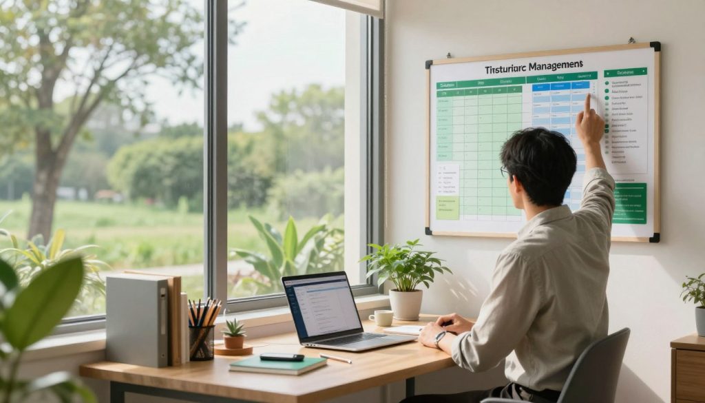 A serene office environment illustrating sustainable time management strategies. In the foreground, a professional individual in modest business attire analyzes a wall-mounted, interactive time management board filled with green and blue color-coded schedules, task checklists, and visual reminders. In the middle ground, a desk cluttered with eco-friendly stationery, a laptop with task management software open, and a small indoor plant emphasizing a sustainable approach. The background showcases large windows with natural sunlight streaming in, illuminating the room, and a view of a lush green landscape outside. The atmosphere is calm and focused, evoking a sense of productivity and balance. Soft shadows create depth, and the image captures a dynamic wide-angle perspective to enhance the feeling of an organized, thriving workspace.
