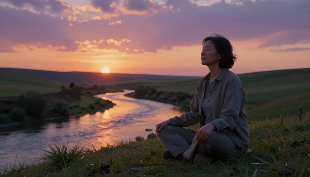 A serene scene depicting a person in a moment of self-realization, seated cross-legged on a grassy hilltop at sunset. The foreground features the individual, a middle-aged person dressed in modest casual clothing, eyes closed and hands resting on their knees, exuding tranquility. In the middle ground, a gently flowing river reflects the warm hues of the setting sun, symbolizing clarity and reflection. The background showcases rolling hills and a sky painted with vibrant oranges, purples, and pinks, enhancing the mood of introspection. Soft, diffused lighting bathes the scene, creating a peaceful and contemplative atmosphere, while a shallow depth of field emphasizes the individual’s focused expression and the tranquil surroundings.