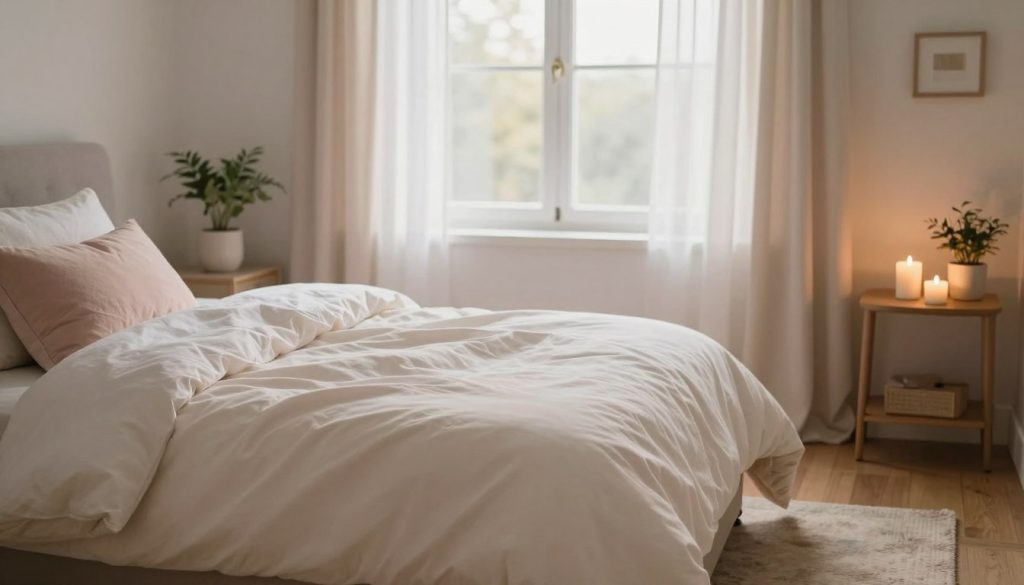 A serene sleep sanctuary, showcasing a cozy bedroom bathed in soft, warm lighting. In the foreground, a plush, neatly made bed with layered white and pastel-toned bedding, complemented by elegant throw pillows. The middle ground features a large window with sheer curtains, allowing gentle sunlight to filter in, creating a calming atmosphere. On either side of the bed, stylish bedside tables hold soothing candles and small potted plants, enhancing the tranquility. In the background, a soft area rug adds texture to the natural wooden floor. The overall mood is peaceful and rejuvenating, perfect for transforming sleep into an energy powerhouse. Use a soft focus lens effect to enhance the dreamlike quality of the scene.