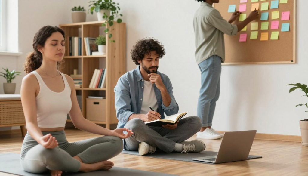 A serene workspace, bathed in warm, natural light, showcasing a diverse group of three individuals engaged in mindset transformation activities. In the foreground, a woman in smart casual attire is practicing mindfulness meditation, sitting cross-legged on a soft yoga mat. In the middle, a man in a tailored business outfit is writing in a journal, deep in thought, with a positive expression. A third person, dressed casually, stands nearby, using visualization techniques with vibrant post-it notes pinned to a board behind them. The background features a cozy bookshelf filled with self-help books and plants, enhancing a calm yet motivating atmosphere. The image should evoke a sense of inspiration and focused energy, captured with a subtle depth of field to emphasize the participants.