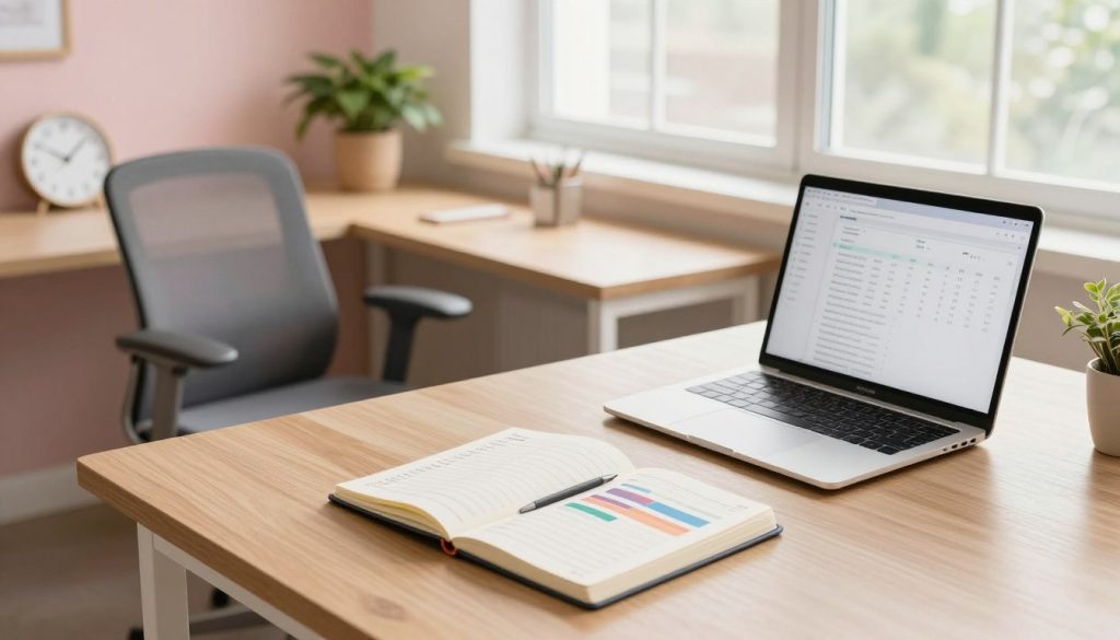 A serene workspace that embodies productivity-enhancing strategies. In the foreground, a sleek wooden desk holds an open notebook filled with structured lists and colorful charts. A modern laptop displays a productivity app on the screen. The middle ground features a comfortable ergonomic chair with a creative workspace setup, including a potted plant and a minimalist clock. In the background, a large window allows natural light to flood the room, illuminating soft pastel colors that evoke tranquility and focus. Use a warm light source that creates a balanced, inviting atmosphere. Capture the scene from a slightly elevated angle to give a comprehensive view of the organization and clarity within the space, emphasizing a sense of calm and efficiency ideal for peak mental performance.
