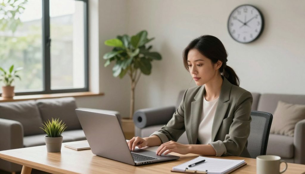 A serene workspace that embodies sustainable work-life balance. In the foreground, a professional woman wearing smart casual attire sits at a sleek desk, organizing her tasks. Her expression is calm and focused. In the middle ground, a cozy living area with a plant, a yoga mat rolled out, and natural light filtering through a large window, suggesting relaxation and wellness. In the background, a digital clock shows a reasonable time, implying a structured work schedule. The scene is infused with warm natural lighting, creating an inviting atmosphere that promotes both productivity and peace. The layout is balanced and harmonious, reflecting the core concept of integration between work and personal life, fostering lasting success.