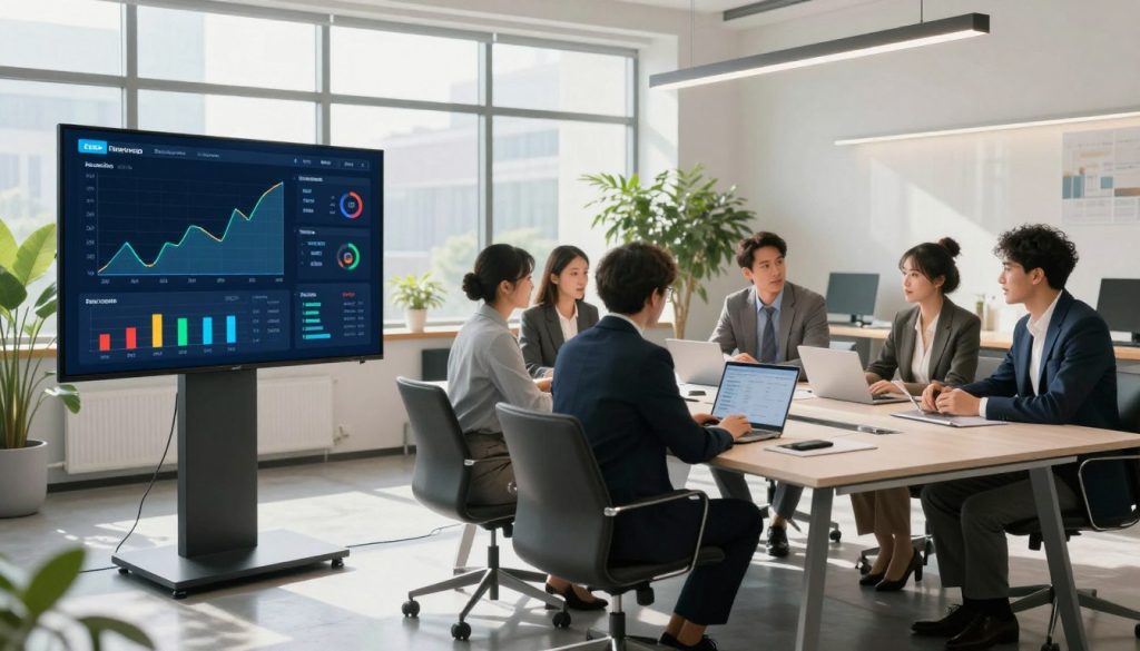 A sleek, modern energy optimization system in a bright, well-lit office space. In the foreground, a digital display shows real-time energy usage and optimization data, with graphs and charts highlighting efficiency levels. In the middle, a diverse group of professionals in business attire collaborates around a sleek conference table, discussing strategies for personal energy enhancement. The background features large windows with natural sunlight pouring in, illuminating plants and ergonomic furniture, creating a fresh and inspiring atmosphere. Soft, ambient lighting enhances a sense of focus and tranquility. The overall mood is energetic yet balanced, emphasizing innovation and collaboration in personal energy management.