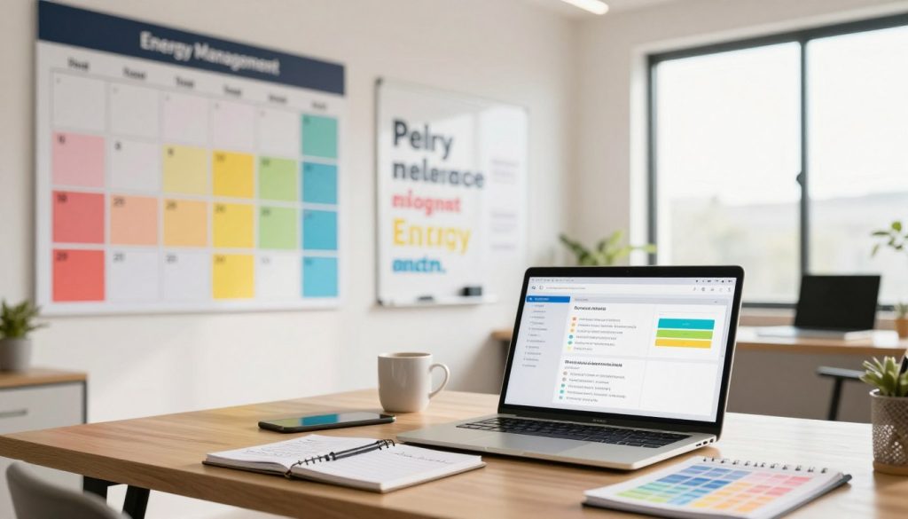 A vibrant and organized workspace designed for energy management, featuring a large wall calendar showcasing peak performance hours highlighted in bright colors. In the foreground, a meticulously arranged desk with a laptop open to a productivity app, a notepad with handwritten notes, and a color-coded planner. In the middle, a whiteboard filled with motivational quotes and energy strategies. The background shows a large window allowing soft, natural light to flood the room, creating a warm and inviting atmosphere. The overall mood is focused and inspiring, encouraging productivity. Capture the scene with a warm color palette and a shallow depth of field to emphasize the workspace. The image should convey a sense of professionalism and energy management without any text or distractions.