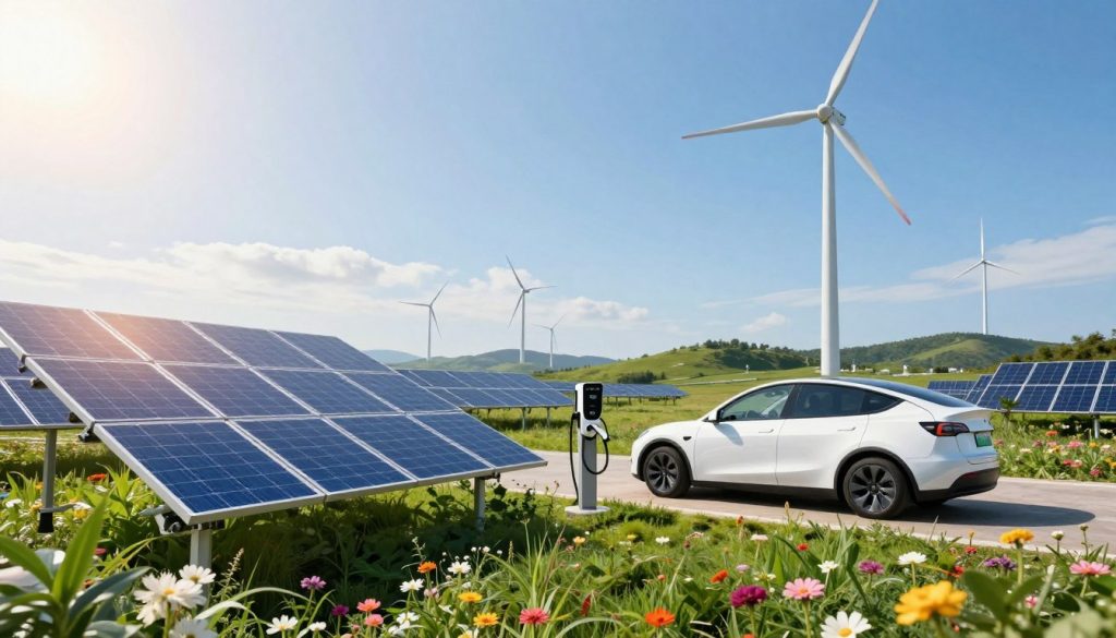 A vibrant and serene scene showcasing various sustainable energy sources. In the foreground, a solar panel array glimmers in the sunlight, surrounded by lush greenery and blooming flowers. To the right, a modern wind turbine stands tall against a clear blue sky, its blades gracefully capturing the wind. In the middle ground, an electric vehicle is plugged into a charging station, conveying the integration of clean technology into daily life. In the background, rolling hills are dotted with additional wind turbines and solar farms, blending harmoniously with nature. Soft, warm lighting enhances the atmosphere of optimism and sustainability. The angle is slightly elevated, offering a panoramic view of this eco-friendly landscape, inviting viewers to envision a sustainable future.