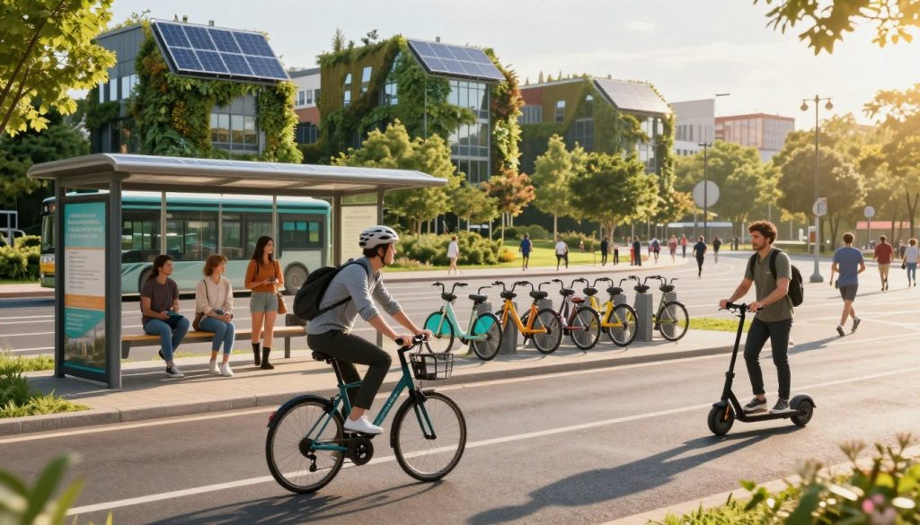 A vibrant city scene showcasing diverse sustainable transportation options. In the foreground, a cyclist in professional attire confidently rides alongside a pedestrian using a modern electric scooter. The middle ground features a solar-powered bus stop with passengers waiting, while a bike-sharing station brims with colorful bicycles. The background reveals a skyline of eco-friendly buildings covered in greenery, with solar panels glistening in the sunlight. The scene is illuminated by warm, golden hour lighting, casting long shadows and creating a welcoming atmosphere. Soft focus on the distant park promotes an active lifestyle, with joggers and families enjoying the outdoors. The mood is cheerful and inspiring, emphasizing harmony between urban living and sustainable transportation.