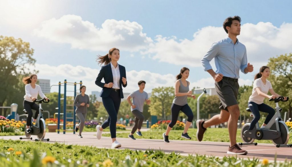 A vibrant outdoor scene depicting peak performance energy habits through physical activity. In the foreground, a diverse group of individuals, dressed in professional business attire and modest casual clothing, are engaged in various exercises such as jogging, cycling, and yoga. In the middle ground, a serene park setting features lush green grass, colorful flowers, and fitness equipment, suggesting an accessible and motivating environment. The background includes a clear blue sky with a few fluffy clouds and sunlight streaming in, creating an uplifting atmosphere. The angle focuses on the energy and effort of the participants, with a shallow depth of field emphasizing their dynamic movements. The overall mood is inspiring and invigorating, showcasing the benefits of physical activity for optimized energy and wellness.