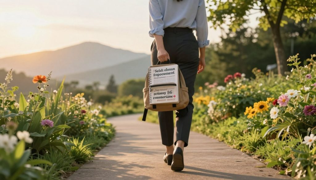 A vibrant pathway illustrating a self-empowerment journey. In the foreground, a determined individual in professional attire strides confidently along a winding path, symbolizing perseverance and growth. They carry a small backpack filled with personal journals and motivational quotes. The middle ground features lush greenery on both sides, representing support and community, with blooming flowers that signify hope and new beginnings. The background showcases distant mountains bathed in the soft golden light of dawn, signifying new horizons and possibilities. The atmosphere is uplifting, evoking a sense of clarity and determination, with a gentle sunlight filtering through the trees, casting dappled shadows on the path. The composition captures the essence of overcoming resistance and self-sabotage on the path to self-discovery.