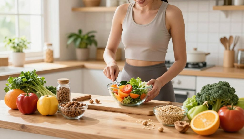 A vibrant, well-organized kitchen setting with an emphasis on healthy food choices. In the foreground, a wooden table displays a variety of colorful fruits, fresh vegetables, and nutritious snacks such as nuts and whole grains, all artistically arranged. The middle ground features a person in modest athletic apparel, joyfully preparing a healthy meal, showing concentration and positivity. In the background, bright sunlight streams through a window, illuminating the space and creating a warm, inviting atmosphere. Potted herbs and a bowl of grains adorn the countertop, enhancing the feeling of wellness. The overall mood is energetic and inspiring, capturing the essence of smart nutrition strategies that fuel the body effectively. Soft focus on the background balances detail with depth.