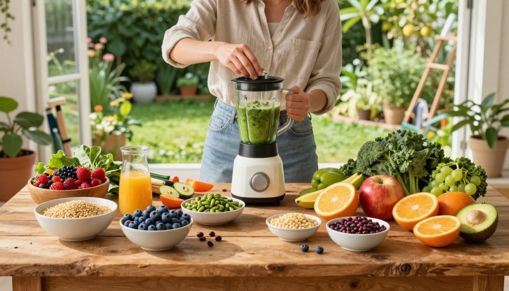 A visually striking composition showcasing a vibrant, healthy meal spread on a rustic wooden table in the foreground. There are bowls filled with colorful fruits like berries, citrus, and tropical selections alongside whole grains, leafy greens, and legumes. The middle layer features a person, dressed in modest casual attire, joyfully preparing a smoothie with a blender, surrounded by fresh ingredients. Bright, natural lighting streams in from a nearby window, casting gentle shadows that enhance the colors. In the background, a lush garden can be seen, filled with diverse plants and a few small, sustainable gardening tools, emphasizing the connection to nature. The atmosphere is uplifting, promoting a sense of vitality and energy, inviting viewers to embrace a nutritious, sustainable lifestyle.