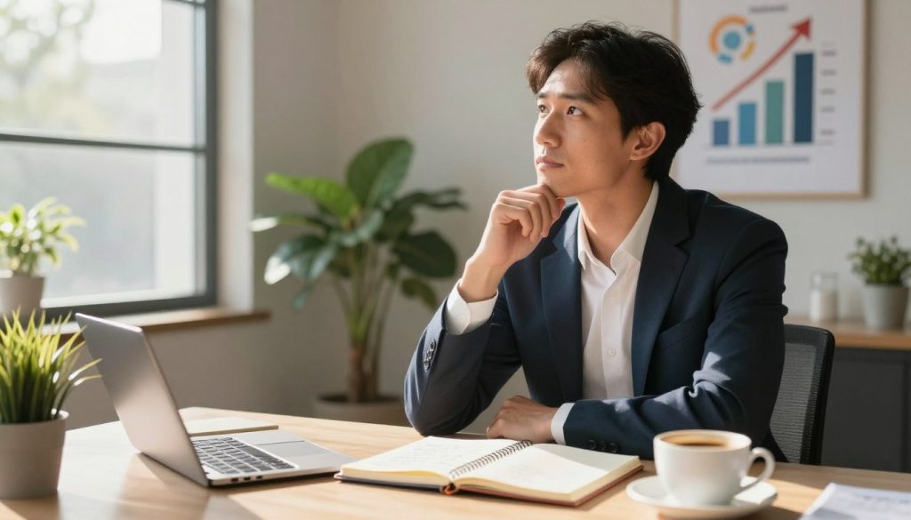 A well-dressed individual, sitting confidently at a modern desk, is engrossed in a thoughtful moment, surrounded by motivating visuals and personal growth symbols. In the foreground, there's a sleek notebook filled with handwritten notes and a cup of coffee exuding warmth. The middle ground features an open window with sunlight streaming in, illuminating the room and casting soft shadows. In the background, a motivational poster with abstract representations of success and growth hangs on the wall, complemented by lush greenery in pots adding life to the scene. The overall atmosphere is inspiring and uplifting, emphasizing clarity and focus. The image is captured in warm lighting, with a shallow depth of field to highlight the subject’s contemplative expression, reflecting a powerful mindset shift necessary for high achievers.