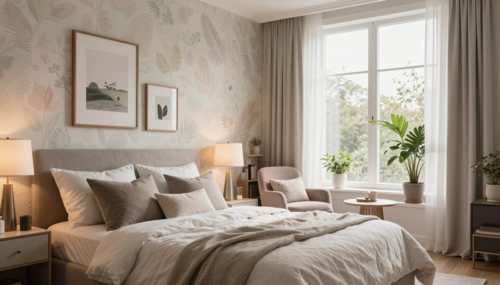 A beautifully renovated bedroom featuring a blend of modern and cozy elements. In the foreground, a stylish bed with a plush, textured duvet and an array of minimalist decorative pillows. On either side, sleek nightstands hold elegant lamps with warm, diffused lighting. The middle ground showcases a striking feature wall adorned with tasteful wallpaper in soft pastels, complemented by framed artwork. A cozy reading nook with a soft armchair and a small bookshelf is placed near a large window that allows natural light to stream in, enhancing the inviting atmosphere. The background consists of light, airy drapes fluttering gently, and potted greenery adding freshness. The scene is bathed in soft, warm lighting, creating a tranquil and stylish ambiance perfect for relaxation.