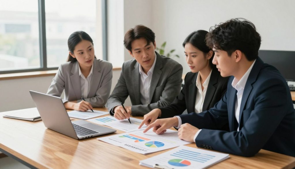 A bright and modern office space with a large wooden desk in the foreground, featuring a laptop, financial documents, and colorful charts illustrating SMART financial goals (Specific, Measurable, Achievable, Relevant, Time-bound). In the middle, a diverse group of three professionals, dressed in smart business attire, are engaged in a focused discussion, pointing at the documents and brainstorming ideas. In the background, a large window allows natural light to flood the room, casting soft shadows. The atmosphere is motivational and collaborative, conveying a sense of determination and clarity. Use a warm, inviting color palette and a slightly elevated angle to emphasize the interaction and the importance of setting financial goals effectively. A bright and modern office space with a large wooden desk in the foreground, featuring a laptop, financial documents, and colorful charts illustrating SMART financial goals (Specific, Measurable, Achievable, Relevant, Time-bound). In the middle, a diverse group of three professionals, dressed in smart business attire, are engaged in a focused discussion, pointing at the documents and brainstorming ideas. In the background, a large window allows natural light to flood the room, casting soft shadows. The atmosphere is motivational and collaborative, conveying a sense of determination and clarity. Use a warm, inviting color palette and a slightly elevated angle to emphasize the interaction and the importance of setting financial goals effectively.