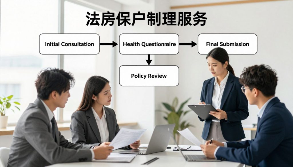 A detailed illustration of the life insurance application process, featuring a step-by-step flowchart style. In the foreground, a diverse group of three individuals dressed in professional business attire—two adults sitting at a clean, modern desk, discussing documents, and one individual standing beside them holding a clipboard. In the middle, visually distinguishable boxes representing each application step: "Initial Consultation," "Health Questionnaire," "Premium Selection," "Policy Review," and "Final Submission." In the background, a softly blurred office environment with natural light streaming through a window, creating a warm and inviting atmosphere. The overall mood conveys professionalism, clarity, and trust, making the complex process feel approachable and easy to understand. A detailed illustration of the life insurance application process, featuring a step-by-step flowchart style. In the foreground, a diverse group of three individuals dressed in professional business attire—two adults sitting at a clean, modern desk, discussing documents, and one individual standing beside them holding a clipboard. In the middle, visually distinguishable boxes representing each application step: "Initial Consultation," "Health Questionnaire," "Premium Selection," "Policy Review," and "Final Submission." In the background, a softly blurred office environment with natural light streaming through a window, creating a warm and inviting atmosphere. The overall mood conveys professionalism, clarity, and trust, making the complex process feel approachable and easy to understand.