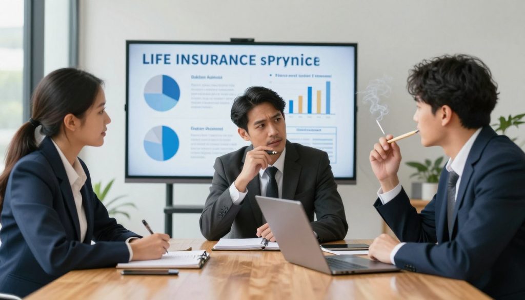 A professional office setting reflecting lifestyle and personal risk factors influencing life insurance premiums. In the foreground, a diverse group of three individuals in business attire discusses various health and lifestyle choices, such as exercising, smoking, and nutrition. They are seated around a polished wooden table with notebooks and a laptop open, demonstrating an analytical approach. In the middle background, infographics and charts about risk factors are displayed on a digital screen, enhancing the theme of analysis and evaluation. Soft, natural lighting filters through large windows, creating an inviting atmosphere. The image conveys a sense of professionalism and insight, highlighting the connection between personal choices and financial implications in a clear and visually engaging manner. A professional office setting reflecting lifestyle and personal risk factors influencing life insurance premiums. In the foreground, a diverse group of three individuals in business attire discusses various health and lifestyle choices, such as exercising, smoking, and nutrition. They are seated around a polished wooden table with notebooks and a laptop open, demonstrating an analytical approach. In the middle background, infographics and charts about risk factors are displayed on a digital screen, enhancing the theme of analysis and evaluation. Soft, natural lighting filters through large windows, creating an inviting atmosphere. The image conveys a sense of professionalism and insight, highlighting the connection between personal choices and financial implications in a clear and visually engaging manner.