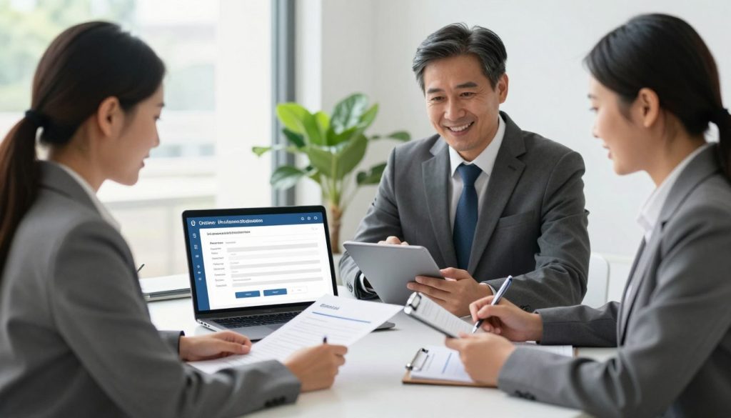 A professional setting showing a diverse group of individuals engaged in the life insurance application process. In the foreground, a confident businesswoman in formal attire is reviewing documents on a modern desk. Beside her, a middle-aged man in a suit is discussing details with a friendly insurance agent, who is taking notes on a tablet. In the middle, an open laptop displays a streamlined online application interface, showcasing key information being filled out. In the background, soft natural lighting filters through large windows, creating a bright and optimistic atmosphere. A potted plant adds a touch of greenery, enhancing the professional yet inviting mood of the scene. The focus should be on the collaborative and efficient nature of the underwriting process, with no text or distracting elements. A professional setting showing a diverse group of individuals engaged in the life insurance application process. In the foreground, a confident businesswoman in formal attire is reviewing documents on a modern desk. Beside her, a middle-aged man in a suit is discussing details with a friendly insurance agent, who is taking notes on a tablet. In the middle, an open laptop displays a streamlined online application interface, showcasing key information being filled out. In the background, soft natural lighting filters through large windows, creating a bright and optimistic atmosphere. A potted plant adds a touch of greenery, enhancing the professional yet inviting mood of the scene. The focus should be on the collaborative and efficient nature of the underwriting process, with no text or distracting elements.