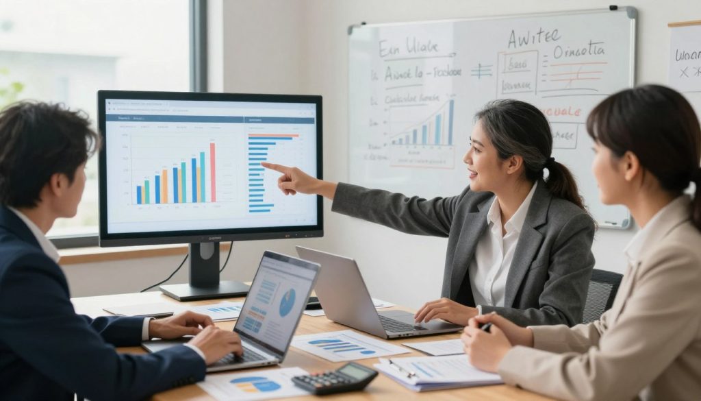 A well-lit office space featuring a diverse group of professionals engaged in a collaborative financial planning session. In the foreground, a confident woman in business attire is using a laptop to project a financial goal tracker onto a screen. A middle-aged man, also dressed professionally, gestures toward the screen, pointing out key figures. On the table, there are graphs, charts, and calculators scattered around, emphasizing focus and planning. The background reveals a large whiteboard filled with handwritten financial targets and strategies. Soft, natural light filters through a window, creating a warm and motivating atmosphere, while the angle captures the dynamic interaction among team members, suggesting an engaging and productive meeting. A well-lit office space featuring a diverse group of professionals engaged in a collaborative financial planning session. In the foreground, a confident woman in business attire is using a laptop to project a financial goal tracker onto a screen. A middle-aged man, also dressed professionally, gestures toward the screen, pointing out key figures. On the table, there are graphs, charts, and calculators scattered around, emphasizing focus and planning. The background reveals a large whiteboard filled with handwritten financial targets and strategies. Soft, natural light filters through a window, creating a warm and motivating atmosphere, while the angle captures the dynamic interaction among team members, suggesting an engaging and productive meeting.